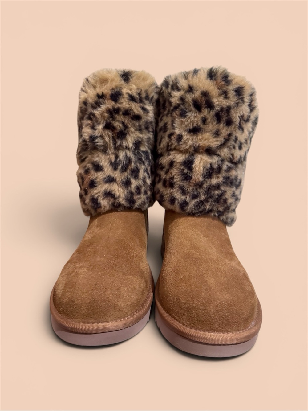 UGG Koolaburra Tan Suede Ankle Boots with Leopard Faux-Fur Cuff - Picture 2 of 16